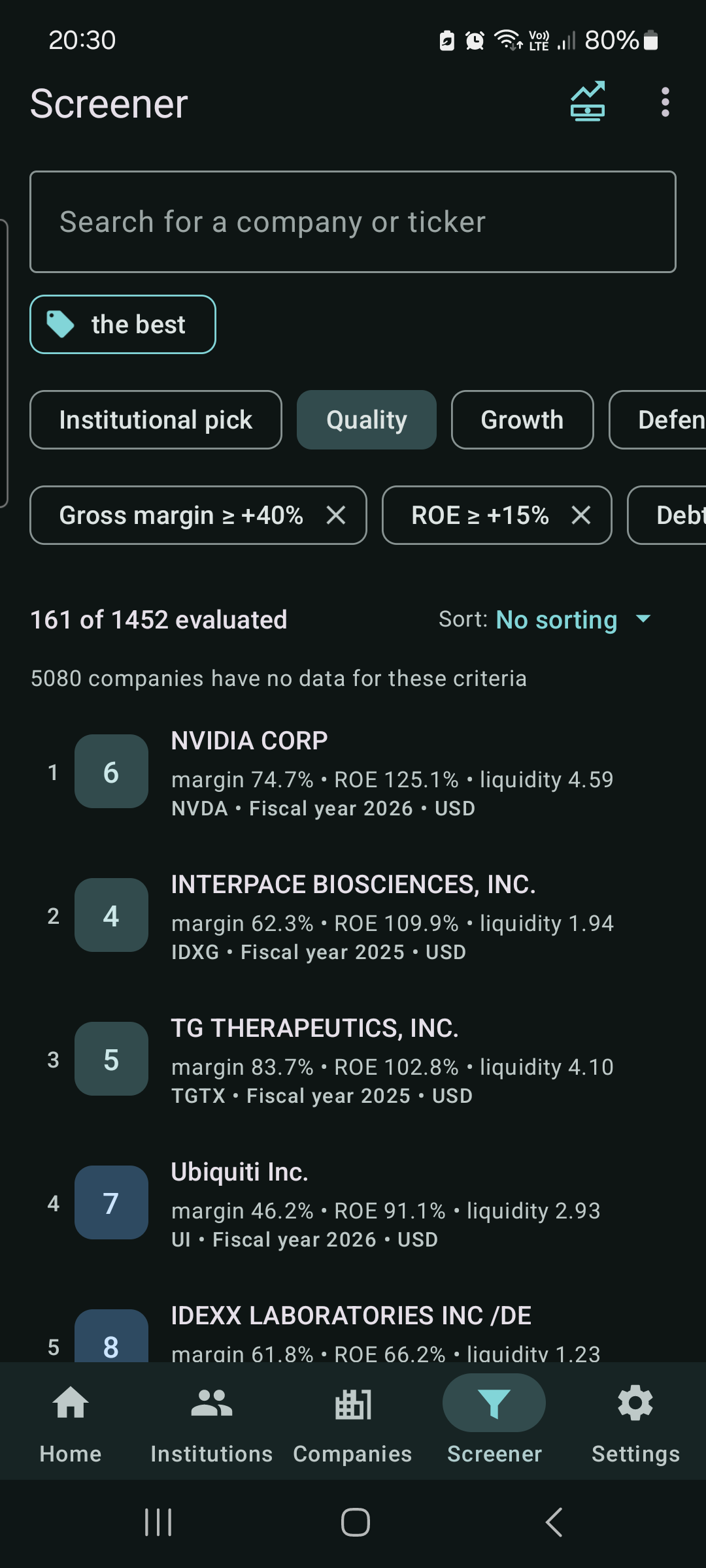 Screener with the Quality strategy